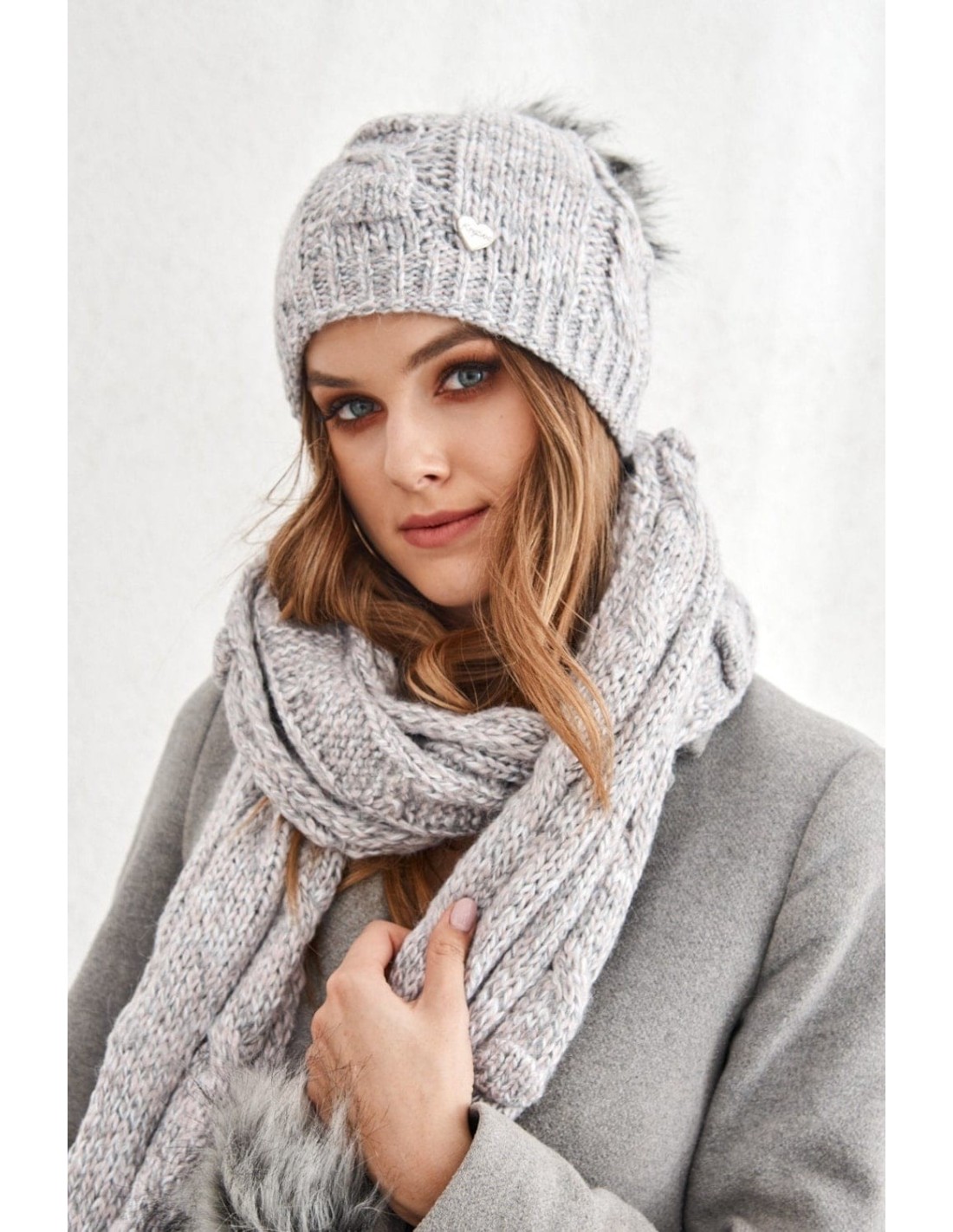 Winter set of hat and scarf, light gray and pink C40 - Online store - Boutique